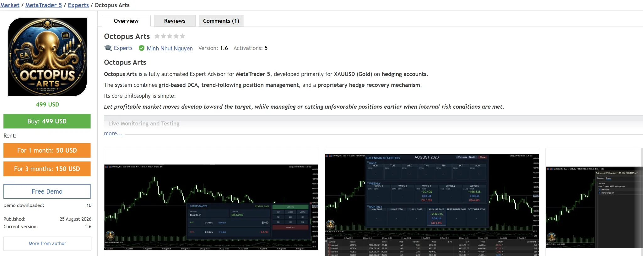 Octopus Arts product page on the MQL5 Market
